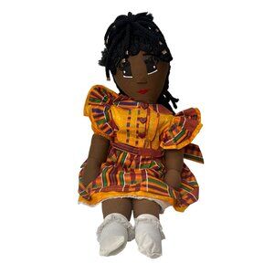 Handmade African Cloth Doll 30” Braided Hair w/Beads & Kente Dress Heart Buttons